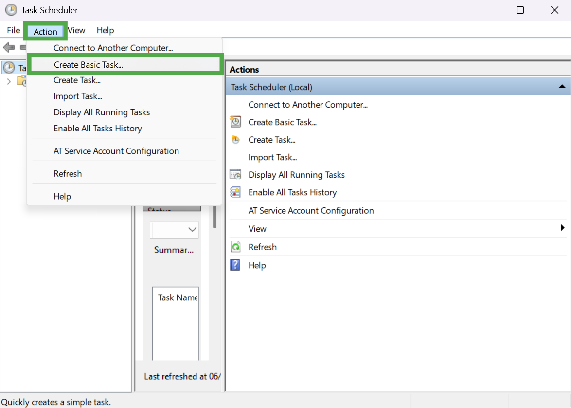 Task Scheduler main window with the "Action" menu opened and "Create Basic Task..." highlighted in a green box.