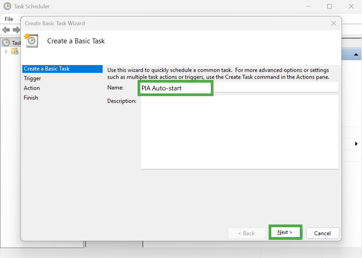 The "Create a Basic Task" wizard with "PIA Auto-start" entered in the Name field, and the "Next" button highlighted in a green box.