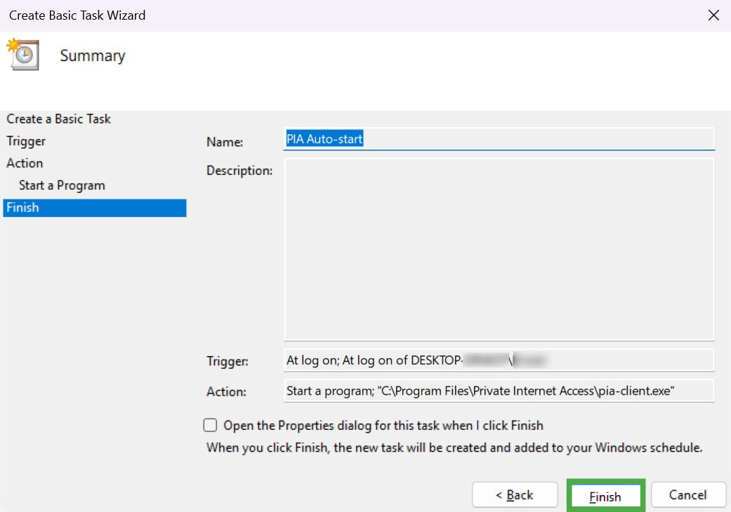 The final "Summary" screen of the Create Basic Task Wizard, showing the task details and the "Finish" button highlighted in a green box.