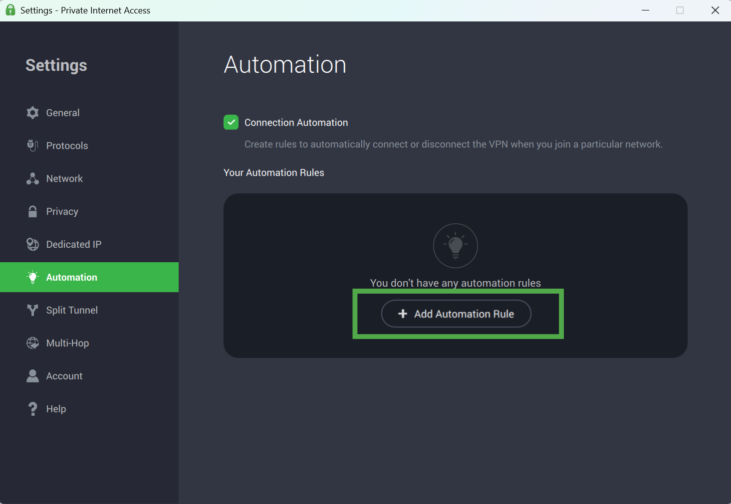 The "Automation" settings screen with the "Add Automation Rule" button highlighted in a green box.