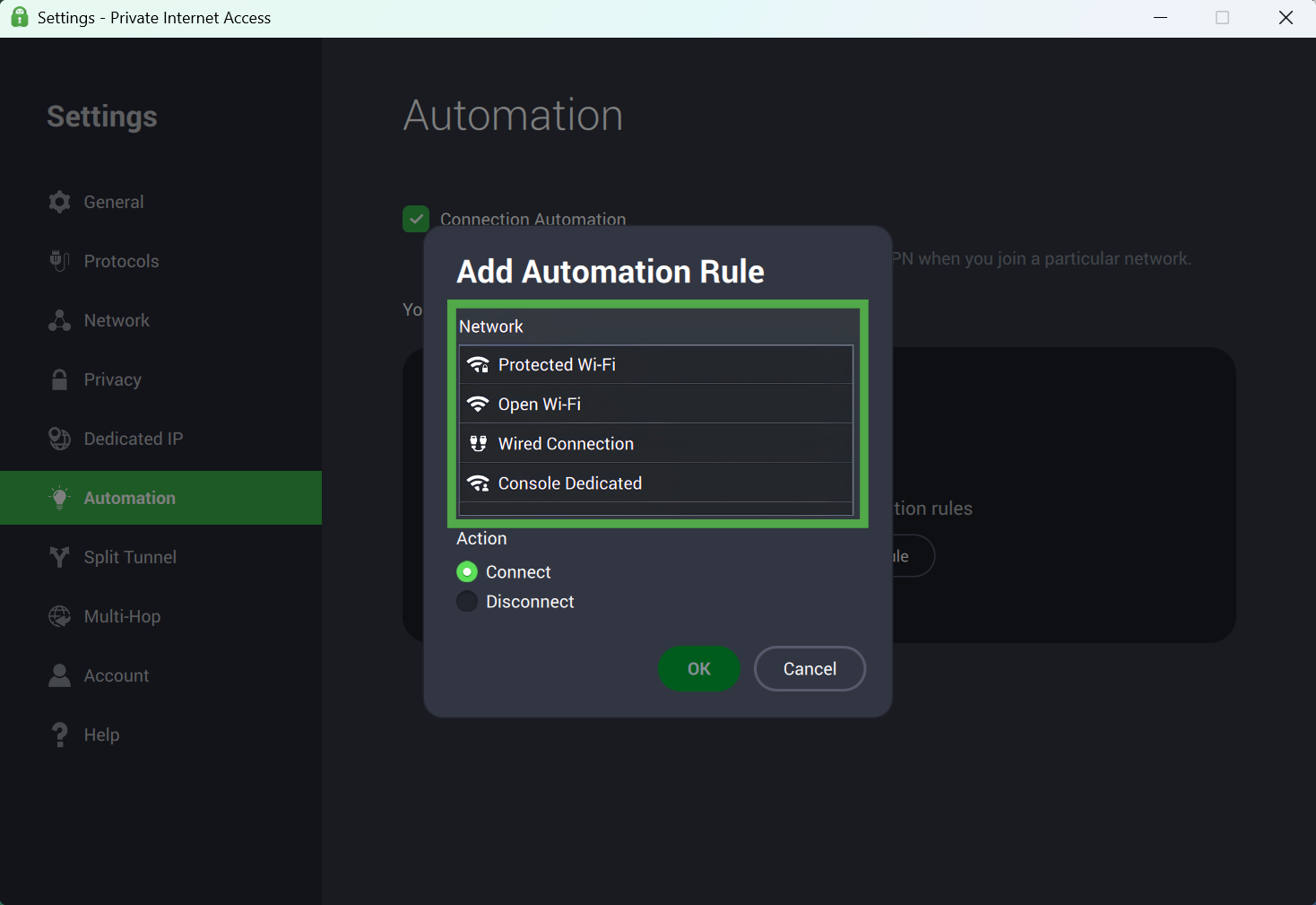 The "Add Automation Rule" dialog box showing the selection of network types highlighted in a green box.