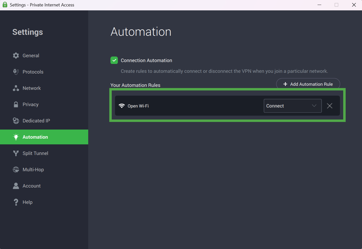 The "Automation" settings screen displaying a configured rule for "Open Wi-Fi" set to "Connect," highlighted in a green box.