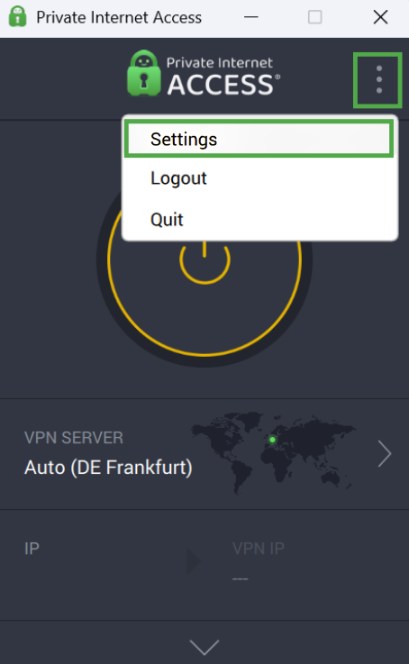 The dropdown menu and "Settings" option highlighted inthe PIA app for desktop.