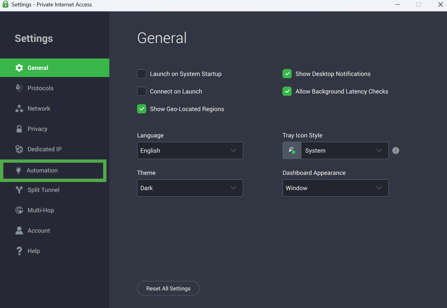 The "General" settings screen of the Private Internet Access application with the sidebar menu visible.