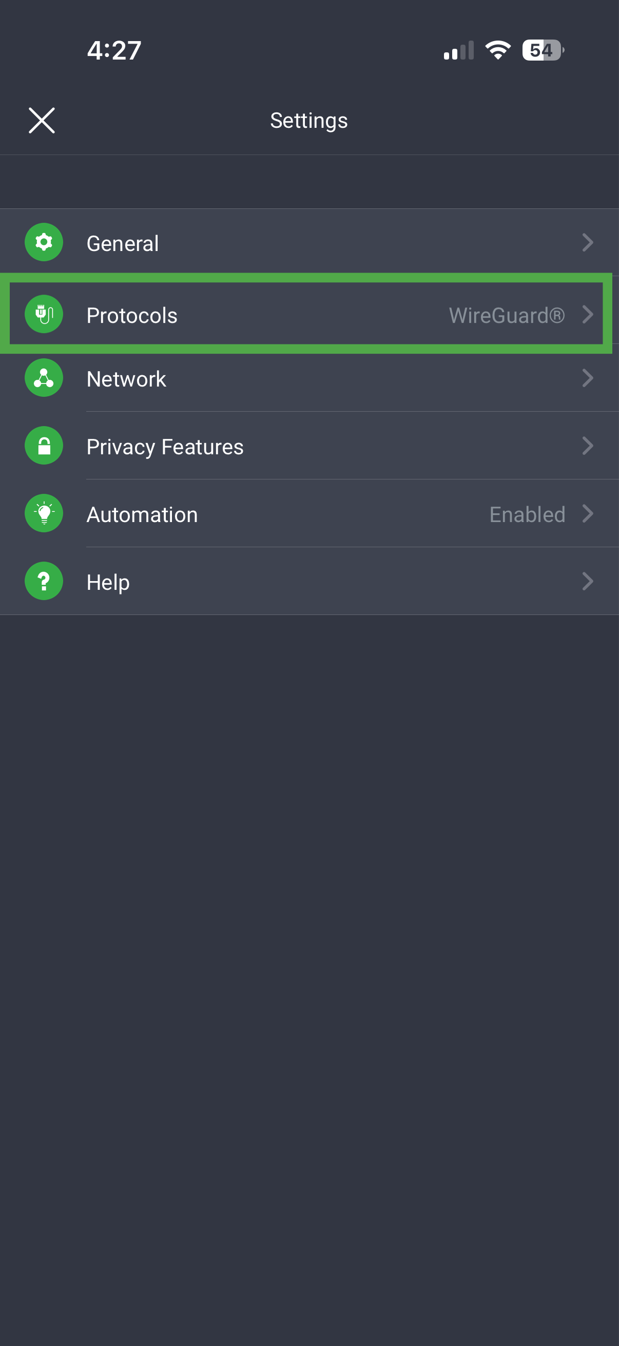PIA for iOS settings screen with Protocols highlighted.
