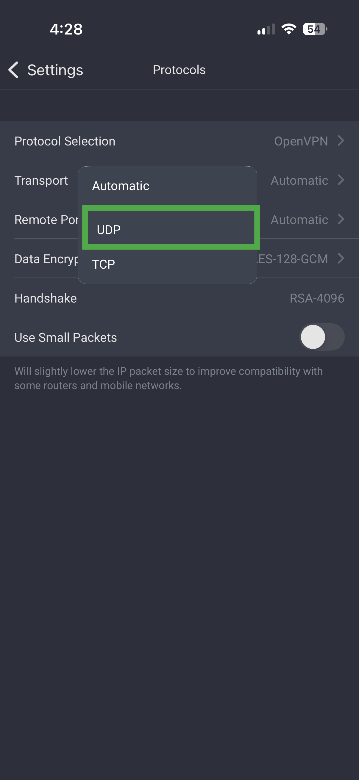 PIA for iOS OpenVPN transport menu with UDP highlighted.