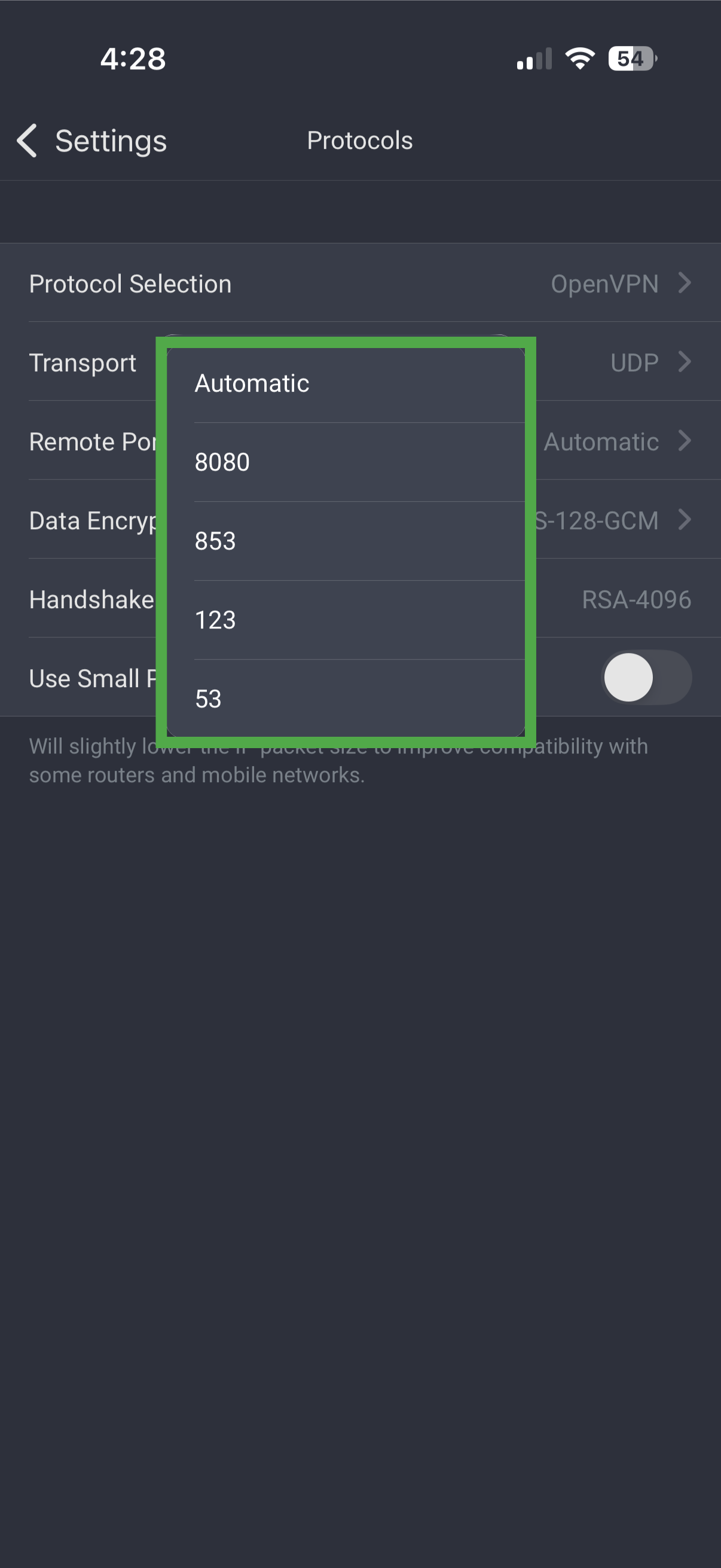 PIA for iOS Protocols settings with the OpenVPN remote port menu expanded.