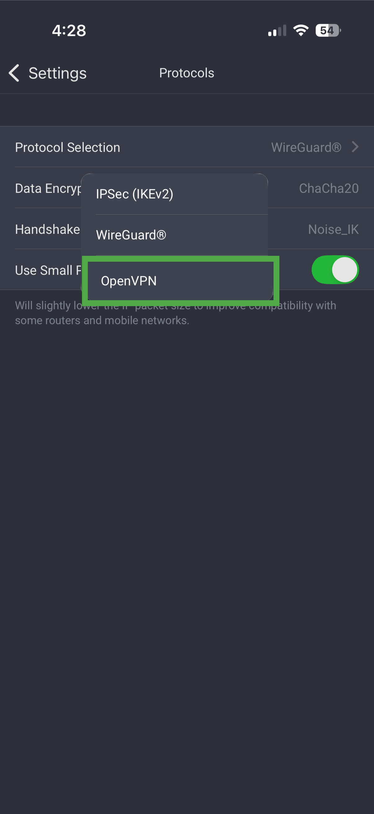 PIA for iOS Protocol Selection menu with OpenVPN highlighted.