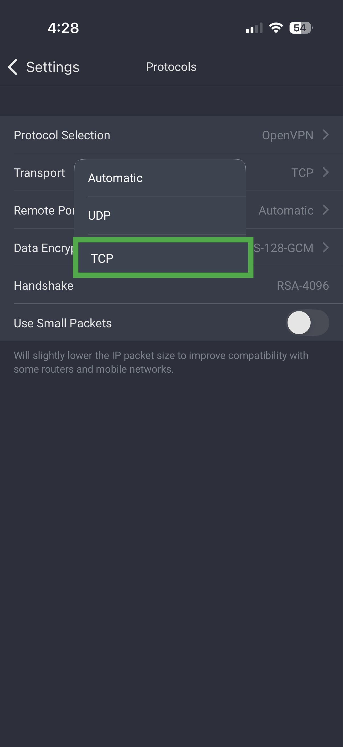 PIA for iOS OpenVPN transport menu with TCP highlighted.