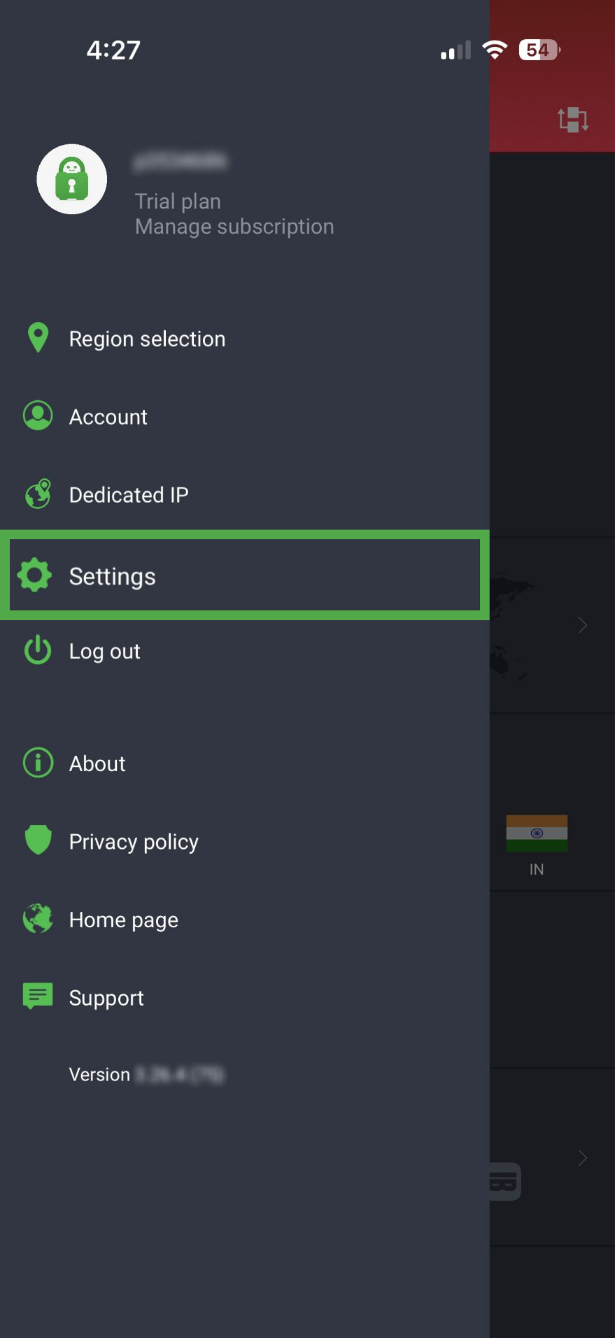 PIA for iOS settings menu with Settings highlighted.
