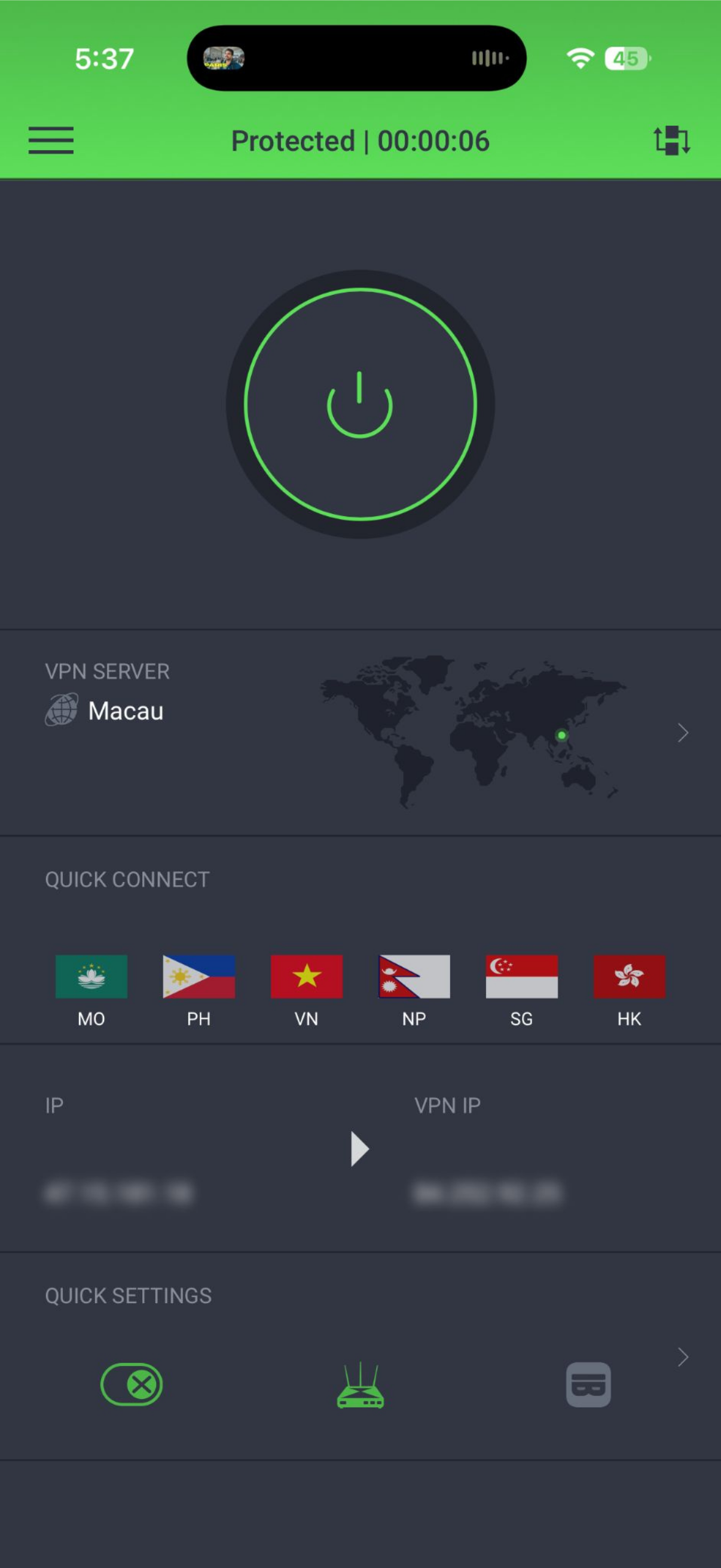 PIA for iOS connection to Macau VPN server.
