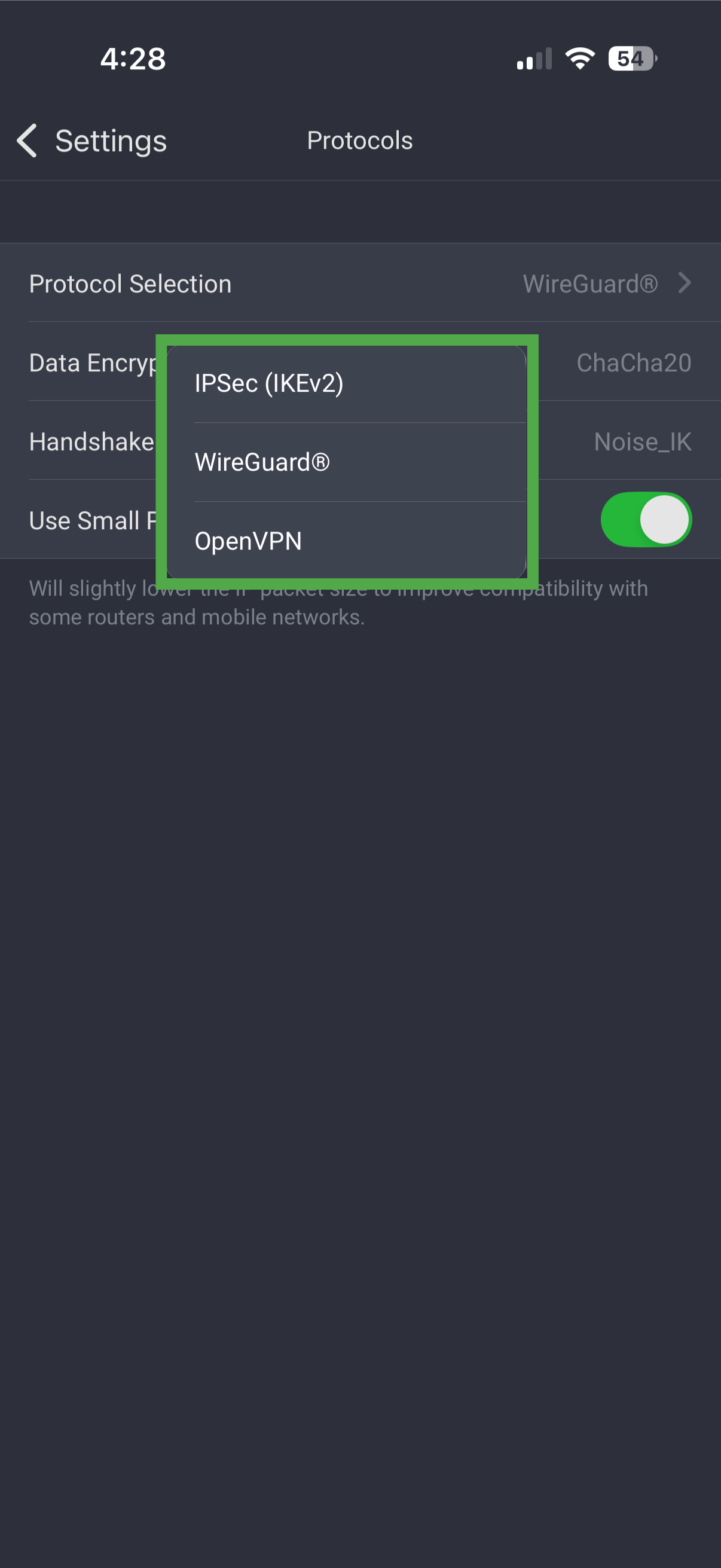 PIA for iOS Protocol Selection menu with different protocol options.