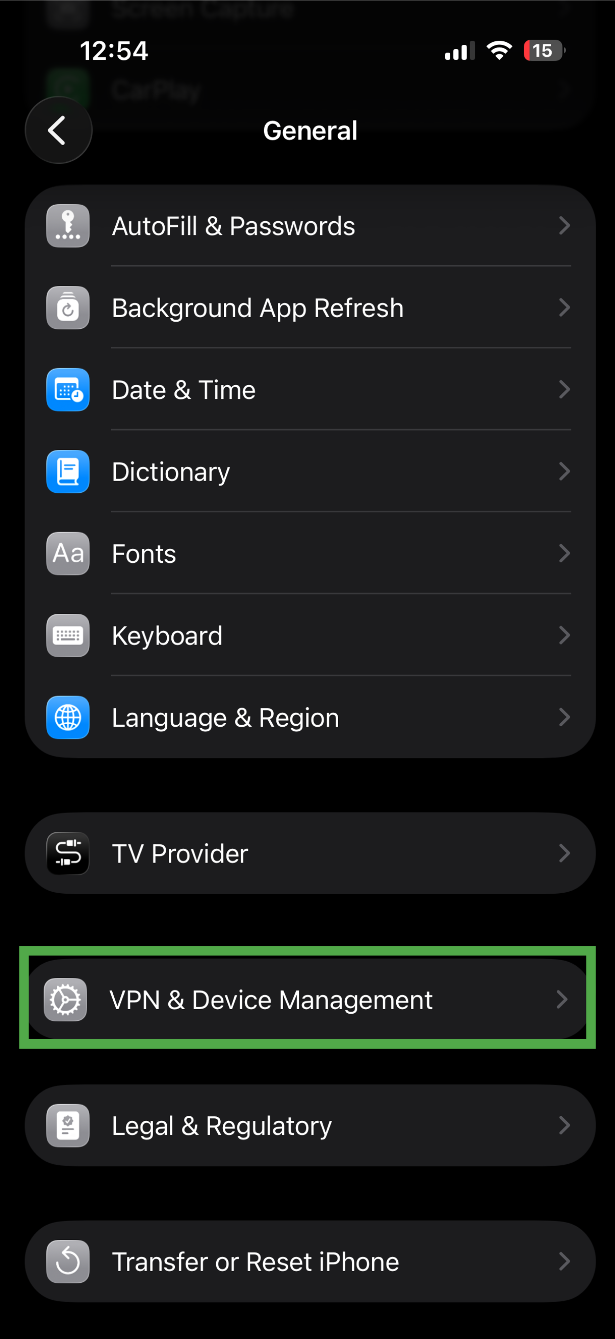 General settings with VPN & Device Management highlighted.