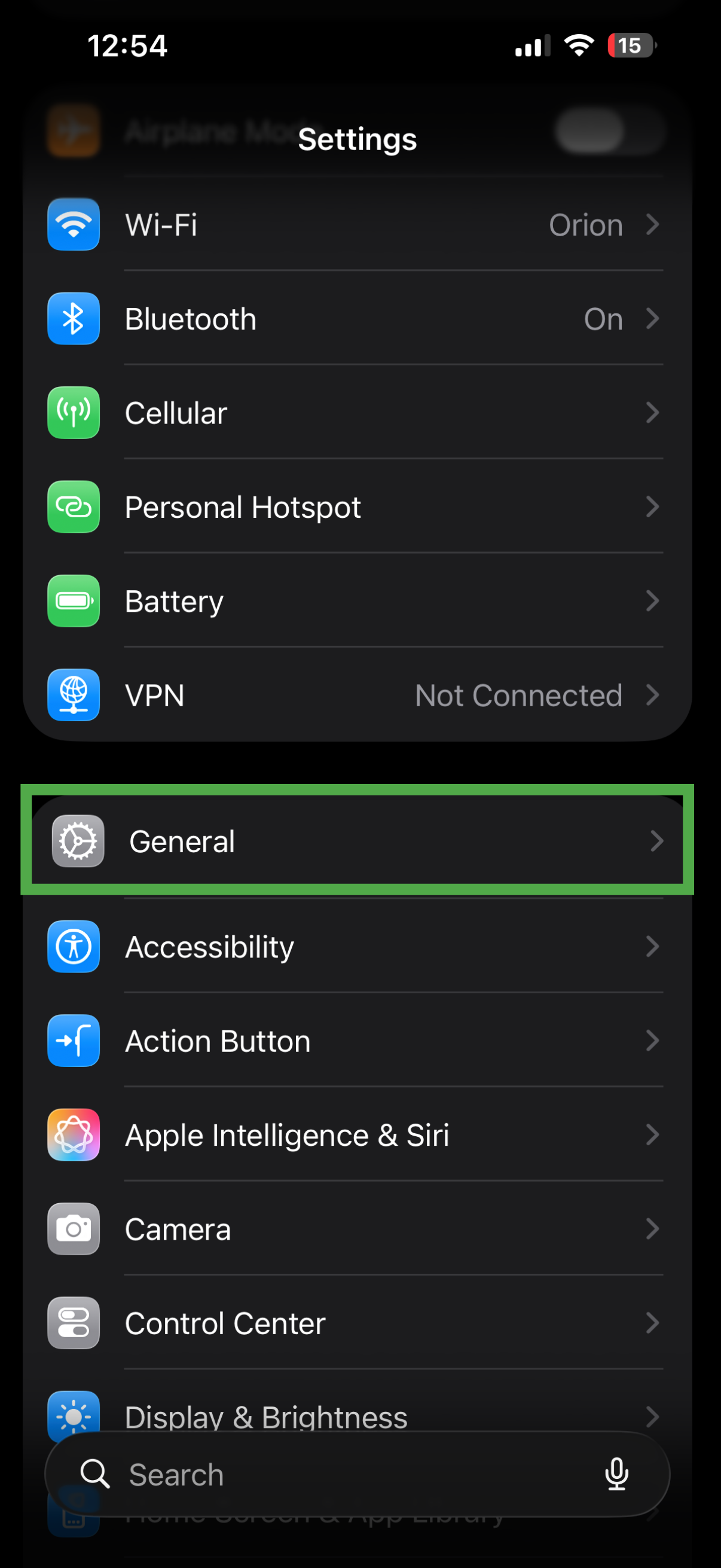 Settings screen with the General option highlighted.