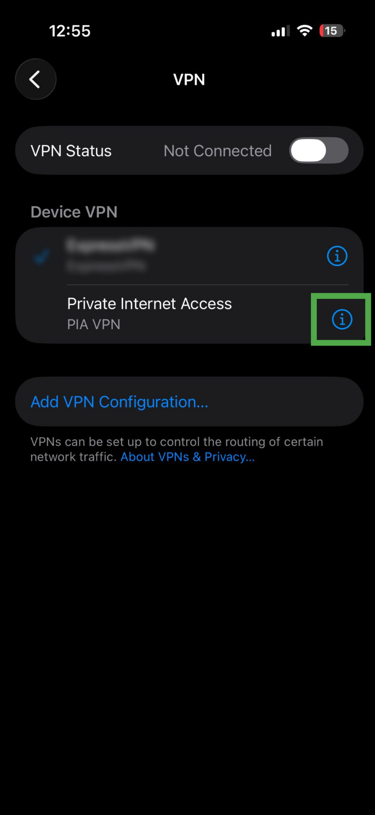 VPN screen with the information (i) button next to the Private Internet Access VPN profile highlighted.