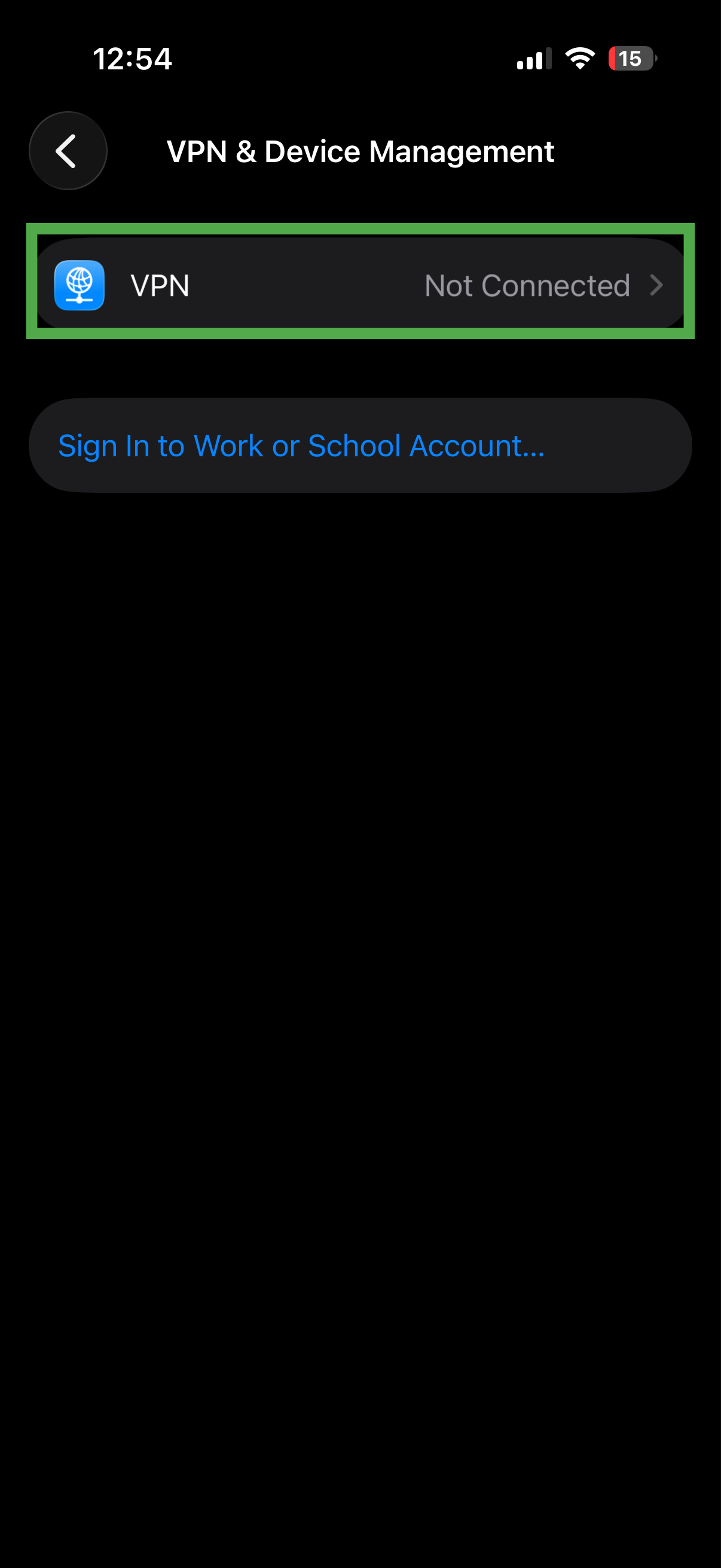 VPN & Device Management screen with VPN highlighted.