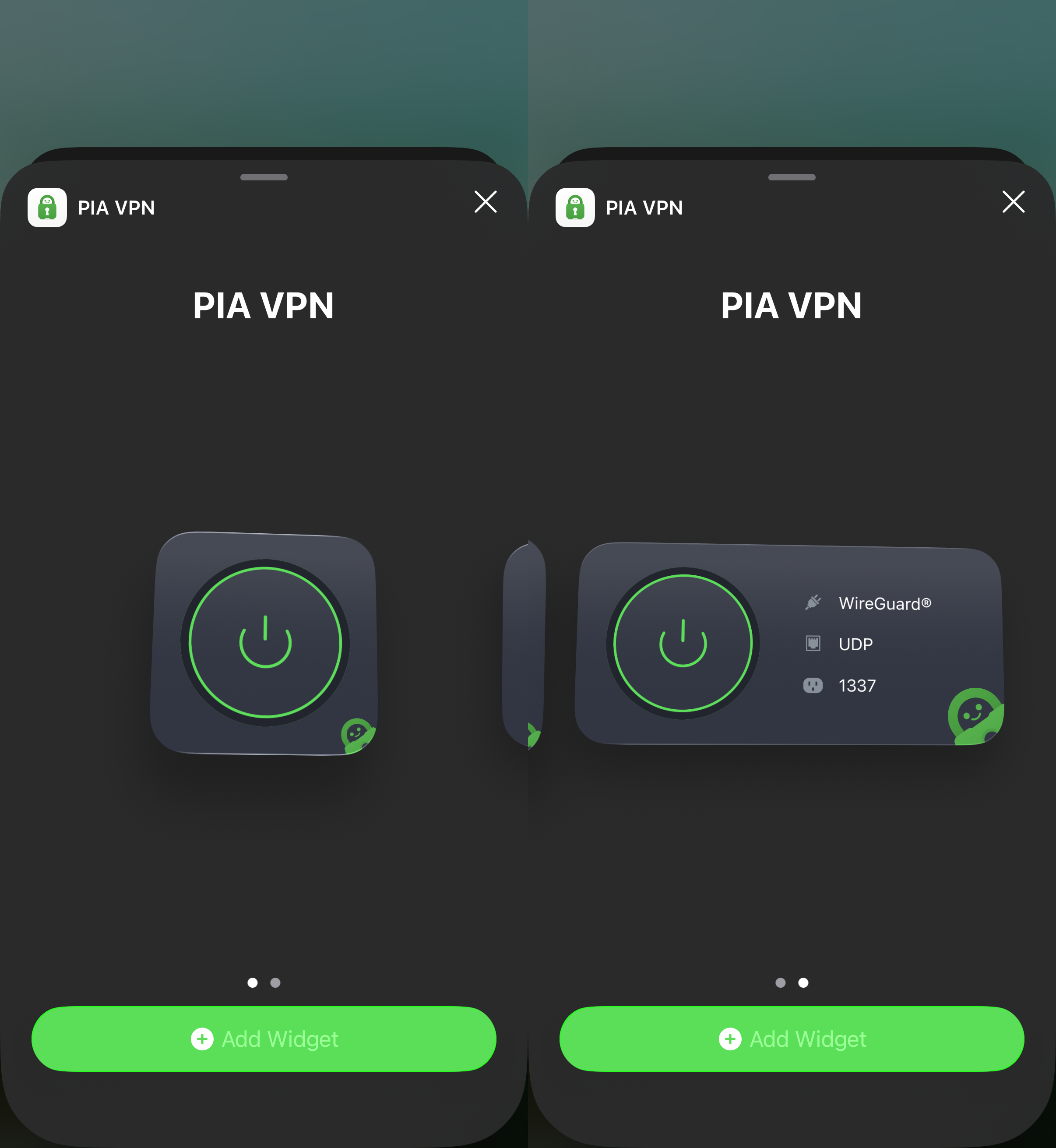 PIA VPN widget options on the widget selection screen.