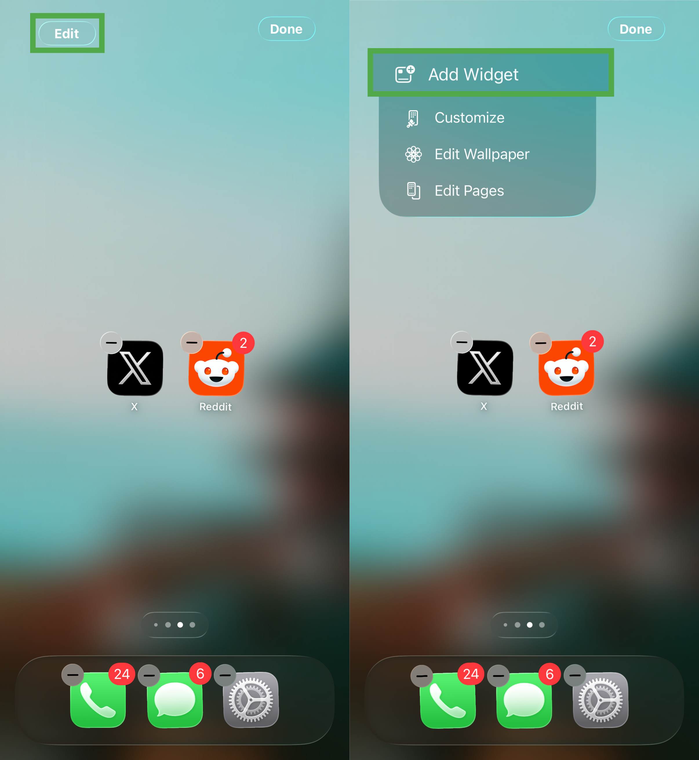 iPhone Home Screen edit menu with the Edit and Add Widget options displayed.
