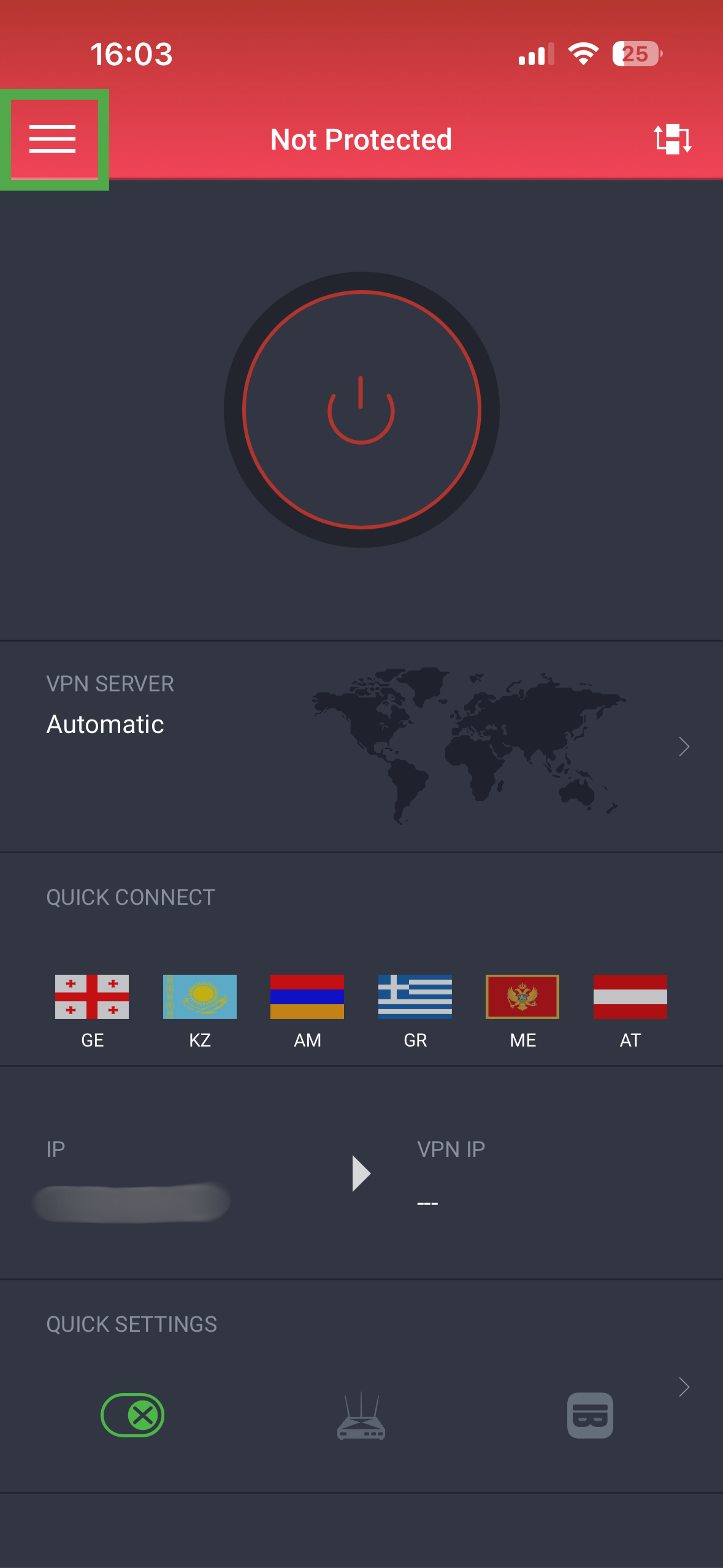 The main screen in the PIA app for iOS, with a highlighted hamburger menu button.