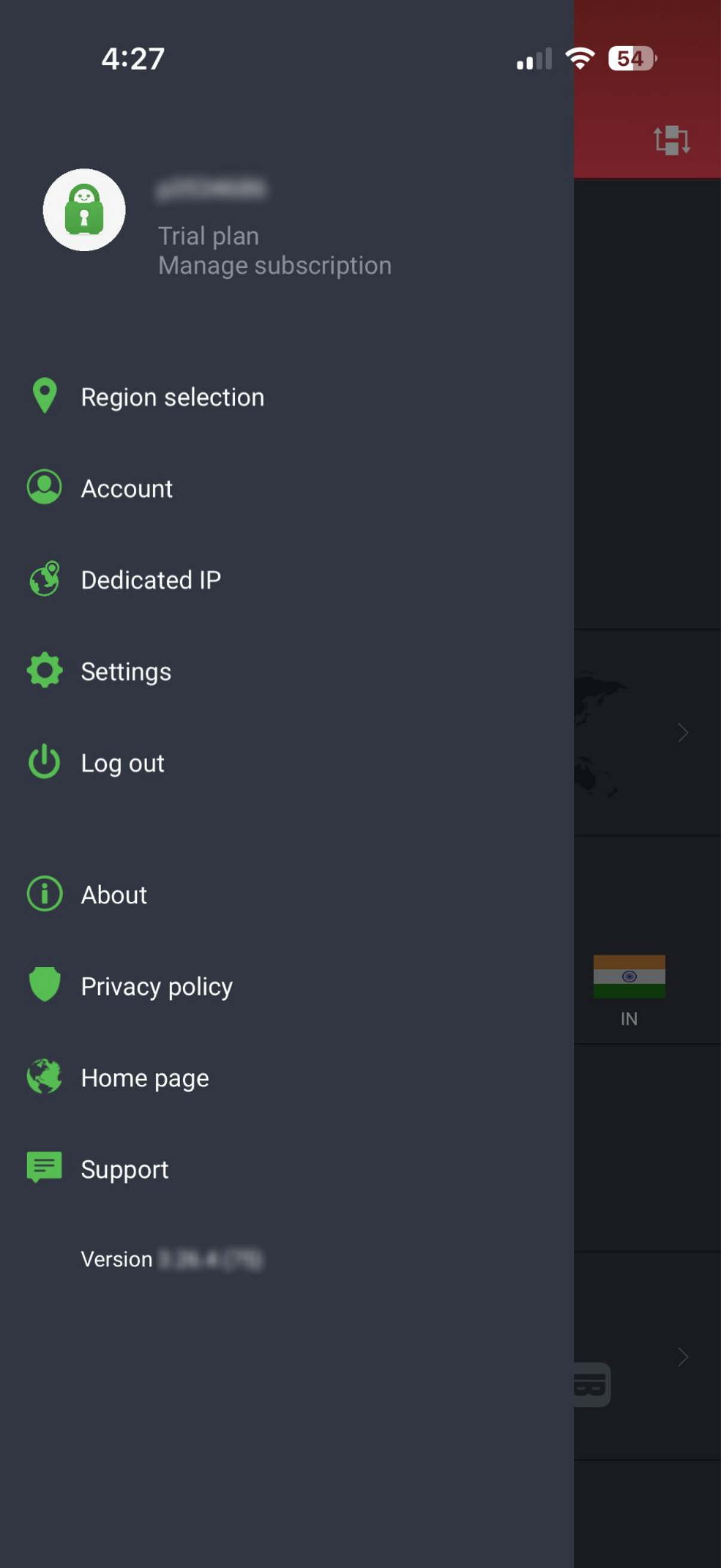 The main navigation menu in the PIA app for iOS.