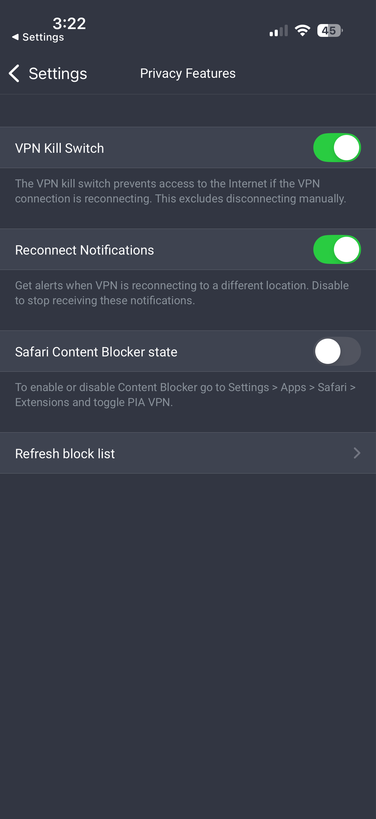 The Privacy Features tab in the PIA app for iOS.