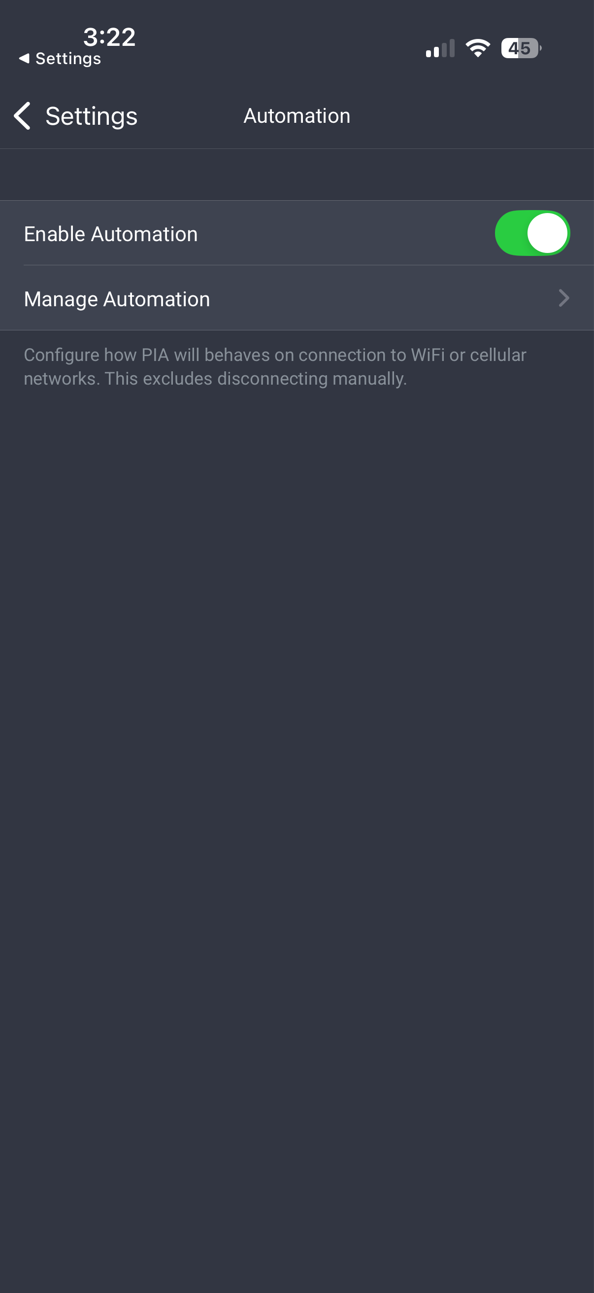 The Automation tab in the PIA app for iOS.