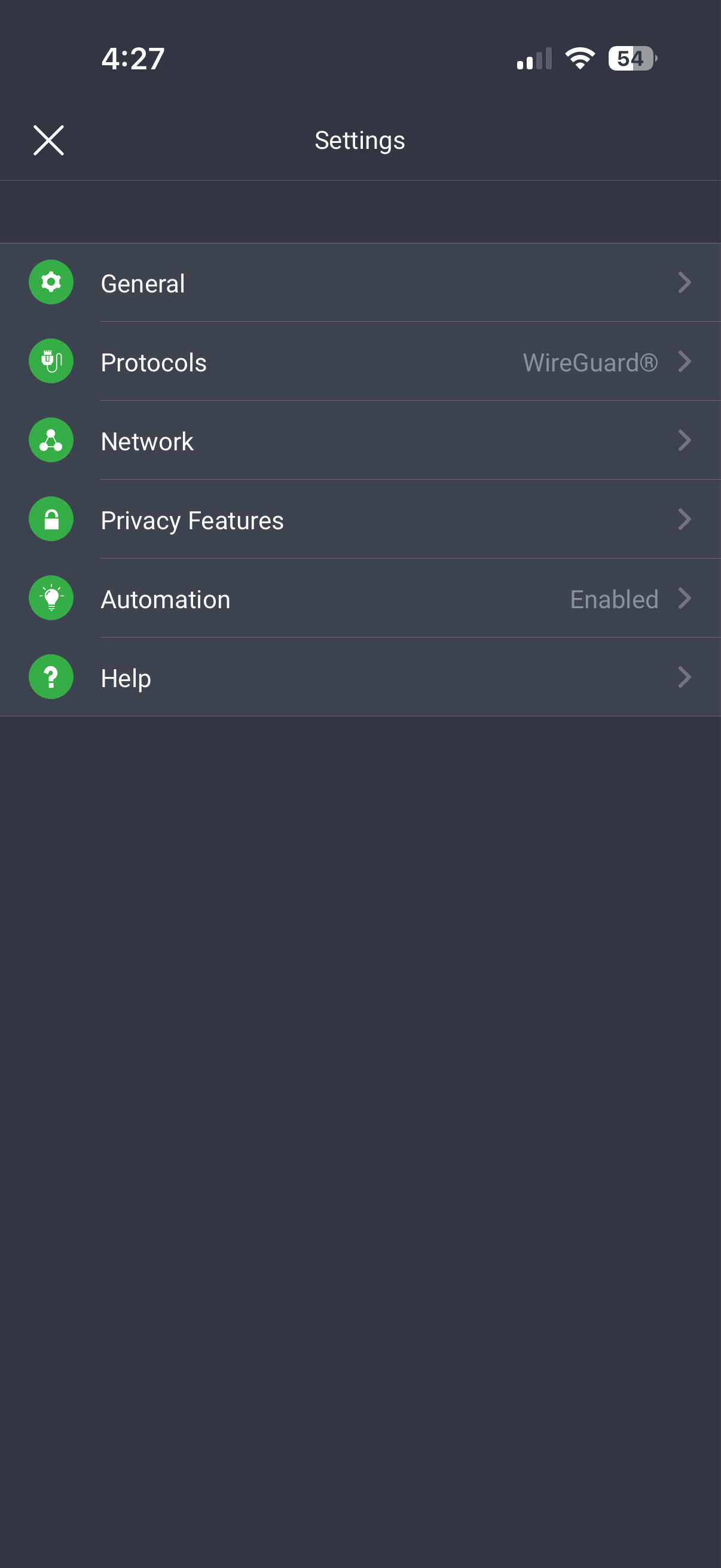 The Settings menu in the PIA app for iOS.