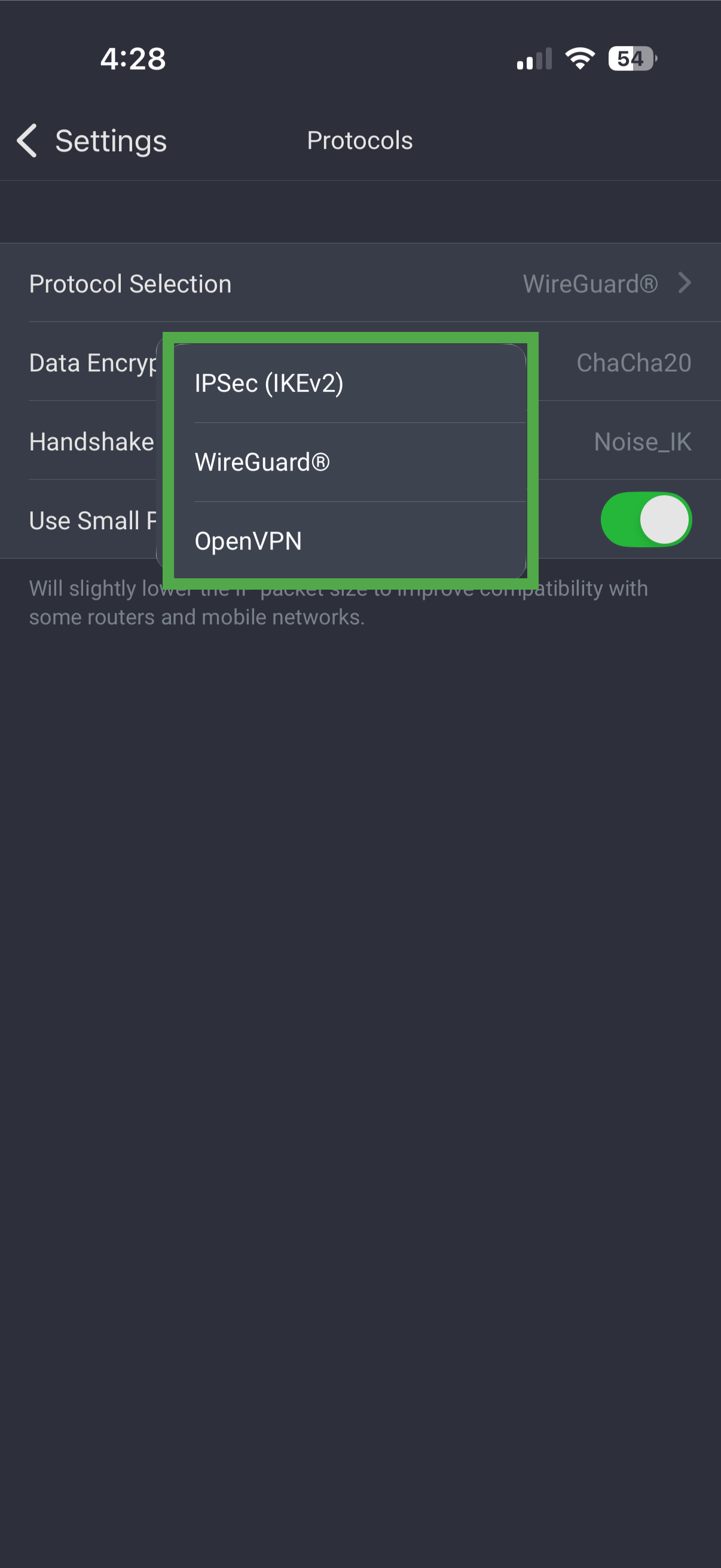 The Protocols menu in the PIA app for iOS.