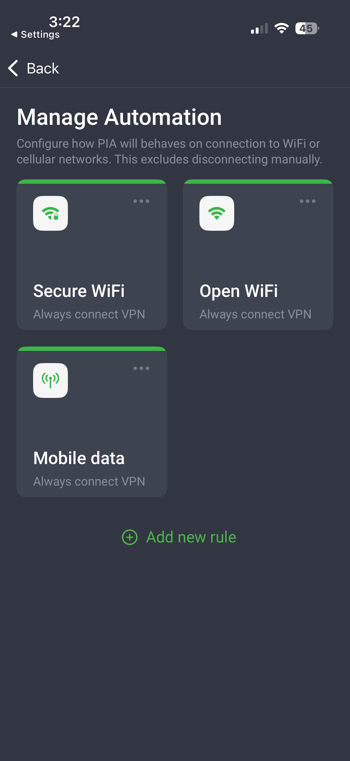 The options for managing automation settings in the PIA app for iOS.