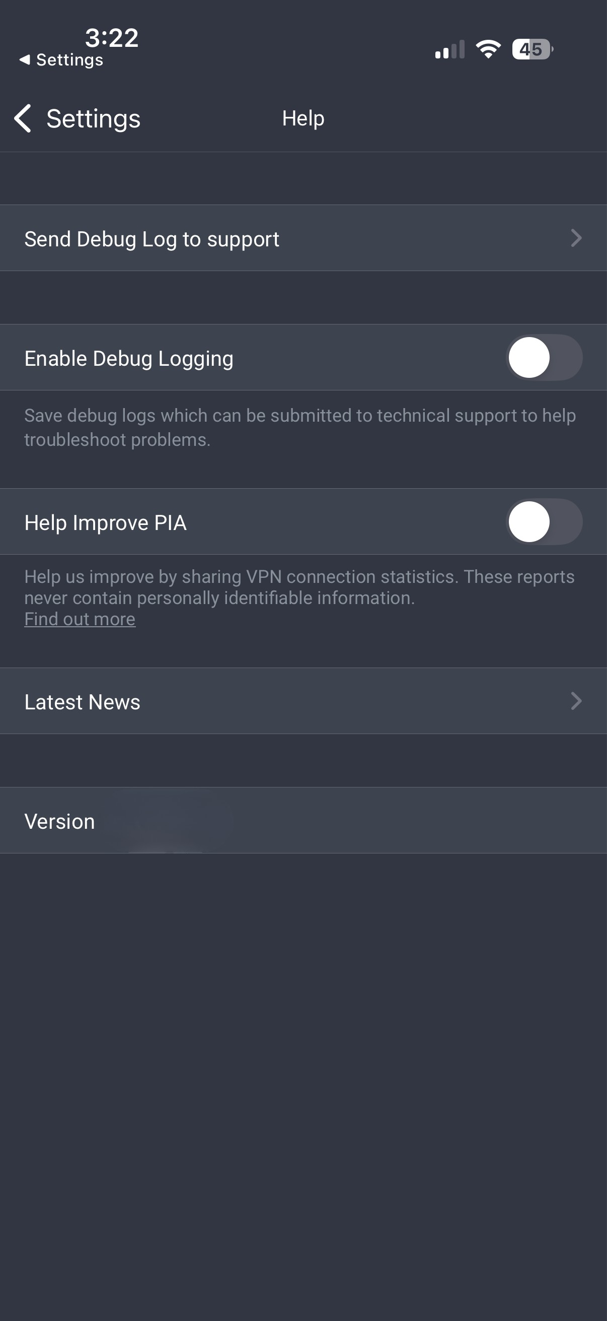 The Help tab in the PIA app for iOS.