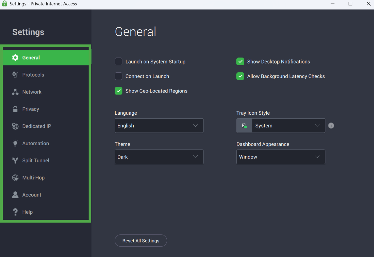 Private Internet Access "General" settings screen with the sidebar menu highlighted in a green box.