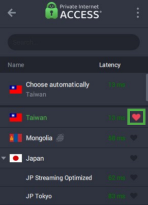 Private Internet Access app Server widget showing a closeup of the full server list.