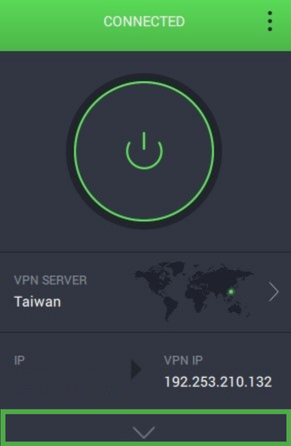 Private Internet Access app Basic Display with the button to open the Expanded Display highlighted.