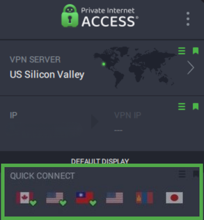 Private Internet Access app with the Performance widget highlighted.