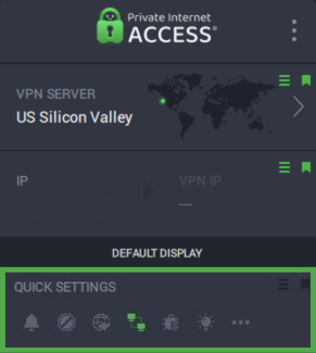 Private Internet Access app with the Quick Settings widget highlighted.