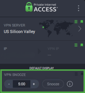 Private Internet Access app with the Snooze widget highlighted.
