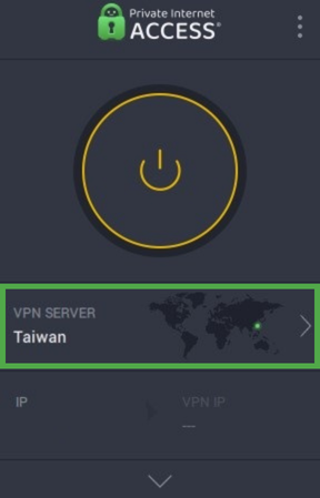 Private Internet Access app with the Server widget highlighted.