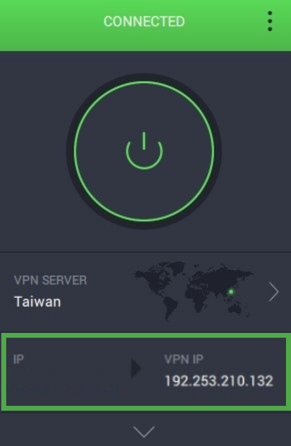 Private Internet Access app with the IP widget highlighted.