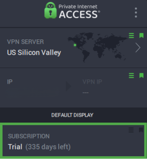 Private Internet Access app with the Subscription widget highlighted.