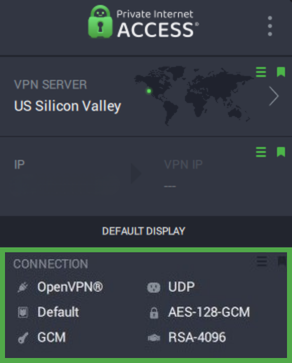 Private Internet Access app with the Connection widget highlighted.