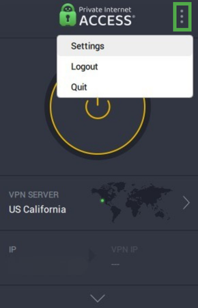 Private Internet Access app with the three vertical dots menu open and the three vertical dots highlighted.