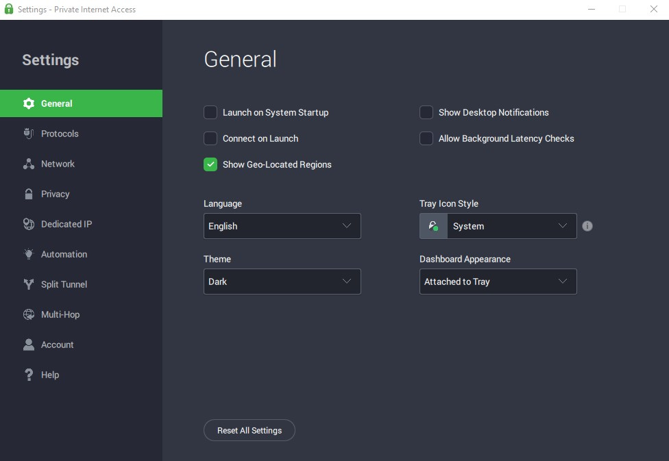 Private Internet Access settings menu General tab.