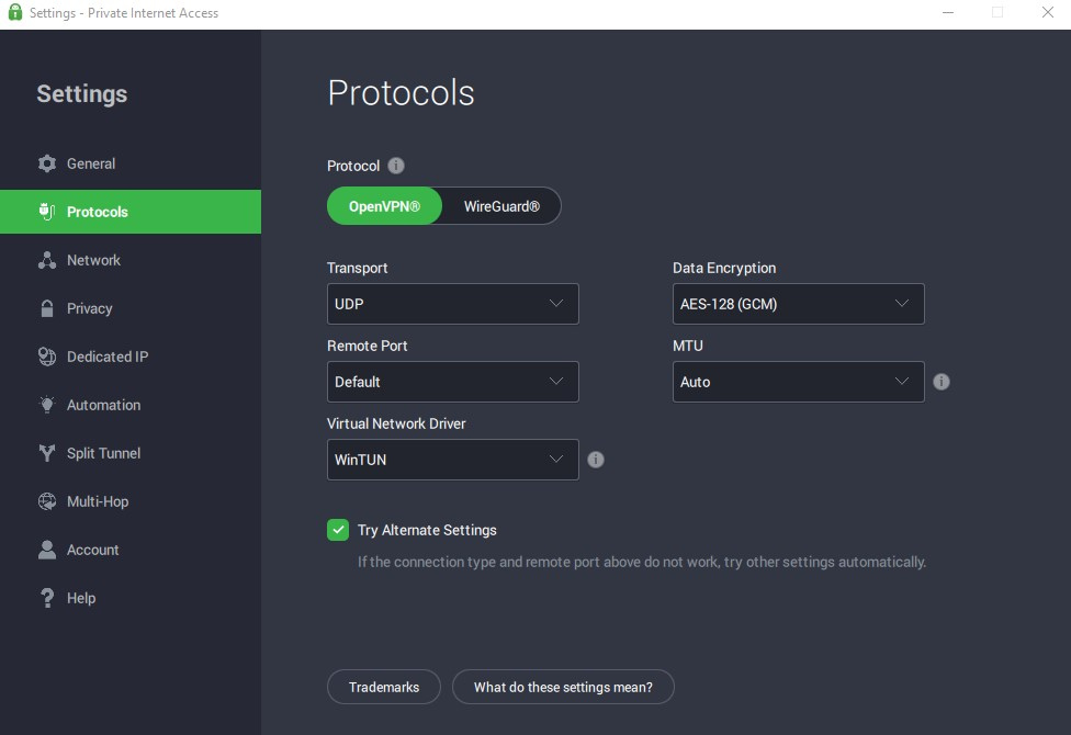 Private Internet Access settings menu Protocols tab with OpenVPN selected.