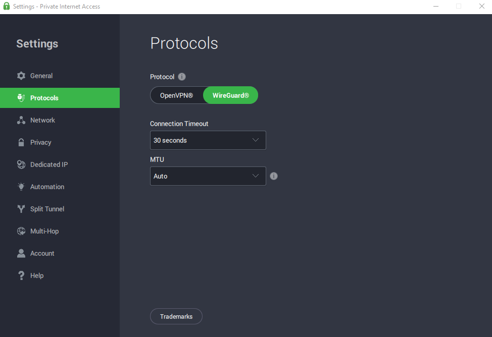 Private Internet Access settings menu Protocols tab with WireGuard selected.