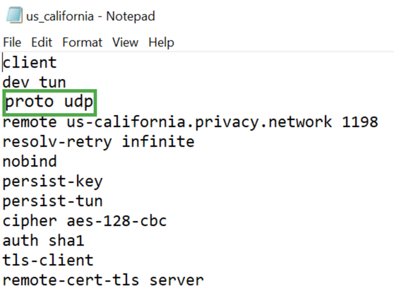 OpenVPN server configuration file opened in a text editor. showing a highlighted "proto udp" line.
