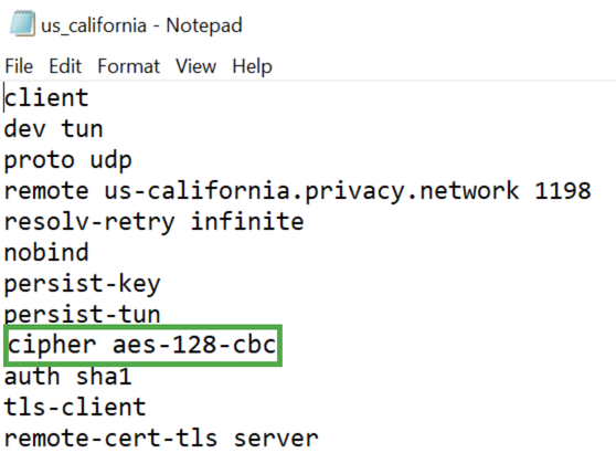 OpenVPN server configuration file opened in a text editor, showing a highlighted encryption cipher.