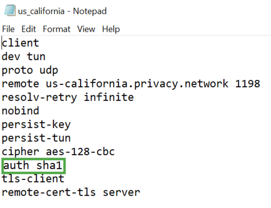 OpenVPN server configuration file opened in a text editor, showing a highlighted hash algorithm.