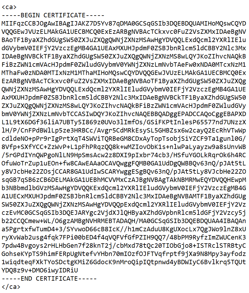 Certificate string for an OpenVPN server configuration file.