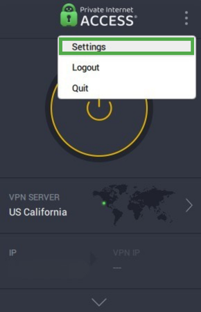 Private Internet Access app with the three vertical dots menu with Settings highlighted.