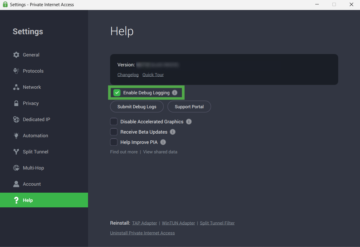 PIA app showing the "Help" option and the "Enable Debug Logging" option highlighted.
